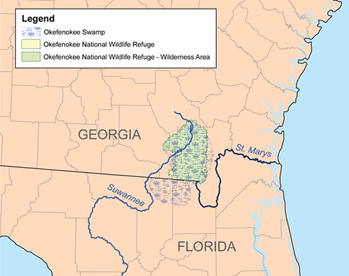 Karl Musser, Map of Okefenokee Swamp, 2007. Image courtesy of Wikimedia Commons. Karl Musser, Map of Okefenokee Swamp, 2007. Image courtesy of Wikimedia Commons.