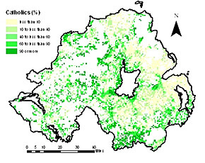 Catholics in Northern Ireland as a percentage of the population 1km grid square, 2001. From Troubled Geographies: A Spatial History of Religion and Society in Ireland, 2013. Courtesy of Niall Cunningham.