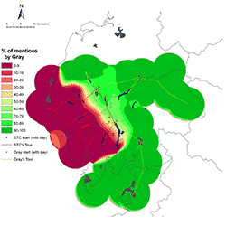 Comparative smooth surface—places mentioned. This comparative map uses the 'smooth surface' technique to contrast all of the regional places mentioned by Gray and Coleridge as recorded in their respective texts. Image from Mapping the Lakes: A Literary GIS. Courtesy of Ian Gregory.