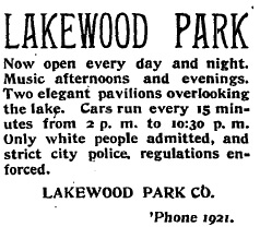 Print advertisement for Lakewood Park, an area park located south of downtown Atlanta. (Clipping from the Atlanta Constitution, April 25, 1896.) Print advertisement for Lakewood Park, an area park located south of downtown Atlanta. (Clipping from the Atlanta Constitution, April 25, 1896.)