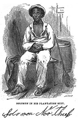 Solomon Northup in his "plantation suit," ca. 1853. Engraving from Solomon Northrup's Twelve Years a Slave (Auburn: Derby and Miller, 1853). From Archive.org.