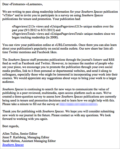 Readership report email template, 2013. Courtesy of Southern Spaces.