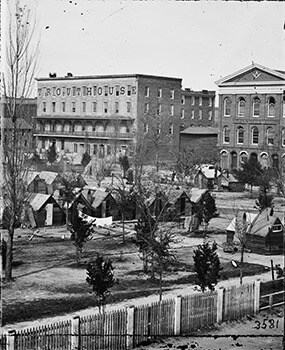 Trout House, Masonic Hall and Federal encampment on Decatur Street during Union occupation of Atlanta, Georgia, 1864