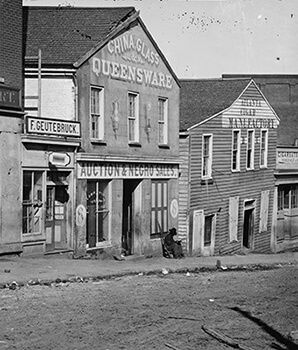 Auction and negro sales, Whitehall Street (present-day Peachtree Street), Atlanta, Georgia, ca. 1864. Wet plate negative by George Barnard. Courtesy of Library of Congress.