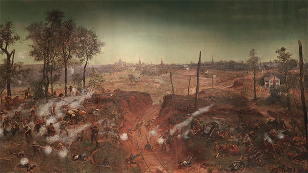 A cut in the Georgia Railroad, where Arthur Manigault's brigade spearheaded the Confederate's attack against an entrenched Union line, Battle of Atlanta Cyclorama, 1886. Painting by the American Panorama Company.