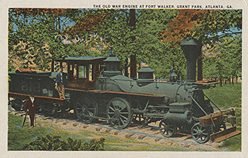 The Texas Imperial, the Texas locomotive that overtook the Andrews Raiders in 1862, on display in Grant Park in the early twentieth century. Postcard, ca. 1910.