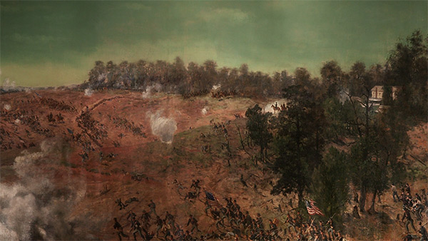 Sherman surveying the battlefield, in front of the Augustus Hurt House, east of Atlanta, July 22, 1864, Battle of Atlanta Cyclorama, Atlanta, Georgia, 1886. Painting by the American Panorama Company. 
