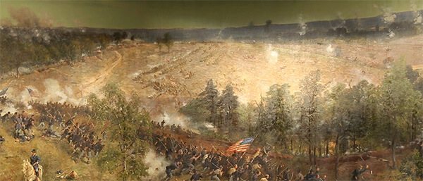 Leggett's Hill. High ground east of Atlanta where Confederate infantry repeatedly attacked entrenched Federal troops, Battle of Atlanta Cyclorama, Atlanta, Georgia, 1886. Painting by the American Panorama Company.