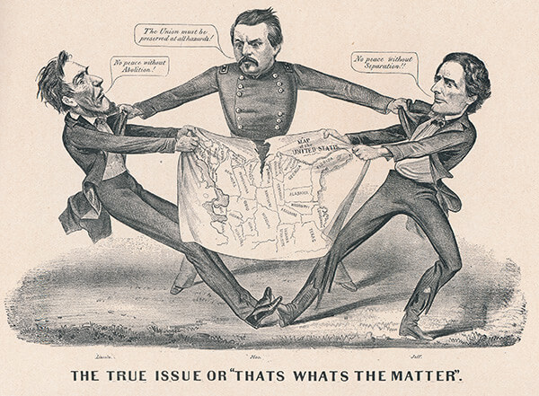 The true issue. Former Union Major General George P. McClellan, Democratic Party candidate for president in 1864 separates leaders of the Union and Confederacy. Lithograph print by Currier & Ives, ca. 1864.
