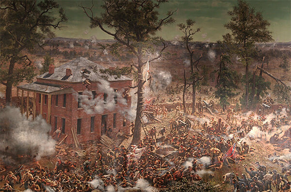 The Troup Hurt house and the four-gun De Gress Battery (right of the house), which were temporarily captured by Confederate infantry on the afternoon of July 22, 1864, Battle of Atlanta Cyclorama, 1886. Painting by the American Panorama Company.
