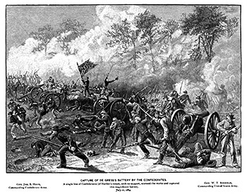 Capture of De Gress Battery by Confederate infantry, Joseph M. Brown, The Mountain Campaigns of Georgia: Or, War Scenes on the W. and A. (Buffalo, New York: Art-Printing Works of Matthews, Northrup, and Company, 1890), 69. 