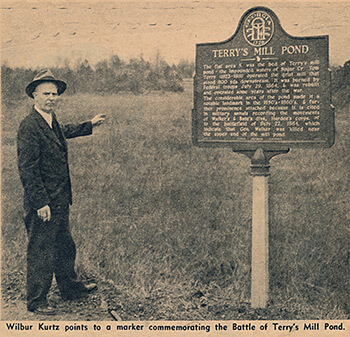 Wilbur Kurtz at Terry's Mill Pond historical marker, Glenwood Drive and Wilkinson Drive, Atlanta, Georgia, Atlanta Journal and Constitution Magazine, March 1957.