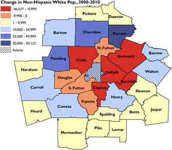 Changes in non-hispanic white population, 2000–2010. Sources: 2000 Census; 2010 Census; author.