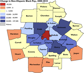 Changes in non-hispanic black population, 2000–2010. Sources: 2000 Census; 2010 Census; author.