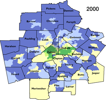 Atlanta Metropolitan Statistical Area segregation and integration by census tract for 2000. Sources: Cashin 2004; Wiggins, Morello, and Keating 2011; 2000 and 2010 Census; author.