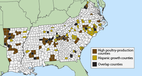 Rapid Hispanic growth counties. United States Department of Agriculture, Economic Research Service. 1987, 1992, 1997 Census of Agriculture and 1990, 2000 Census of Population. Map courtesy of Southern Spaces. Rapid Hispanic growth counties. United States Department of Agriculture, Economic Research Service. 1987, 1992, 1997 Census of Agriculture and 1990, 2000 Census of Population. Map courtesy of Southern Spaces.
