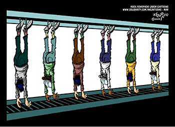 Live hang, 2005. Cartoon by Mike Konopacki. Courtesy of Huck/Konopacki Labor Cartoons. Live hang, 2005. Cartoon by Mike Konopacki. Courtesy of Huck/Konopacki Labor Cartoons.