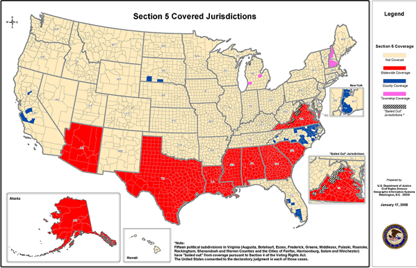 Map of Section 5 covered jurisdictions, 2008. Courtesy of the U.S. Department of Justice. Map of Section 5 covered jurisdictions, 2008. Courtesy of the U.S. Department of Justice.