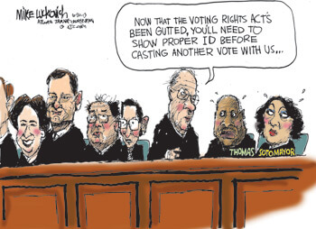 Voting Rights, June 30, 2013. Cartoon by Mike Luckovich. Republished by permission of Mike Luckovich. Voting Rights, June 30, 2013. Cartoon by Mike Luckovich. Republished by permission of Mike Luckovich.