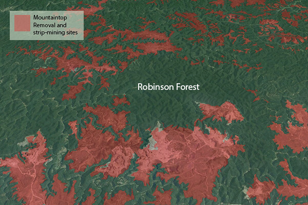 Map showing Robinson Forest and surrounding sites of mountaintop removal and strip-mining, Robinson Forest, Kentucky, 2012. Map by Southern Spaces, created with Google Earth mountaintop removal "Extent of Mining Survey" layer courtesy of iLoveMountains.org. Map showing Robinson Forest and surrounding sites of mountaintop removal and strip-mining, Robinson Forest, Kentucky, 2012. Map by Southern Spaces, created with Google Earth mountaintop removal "Extent of Mining Survey" layer courtesy of iLoveMountains.org.