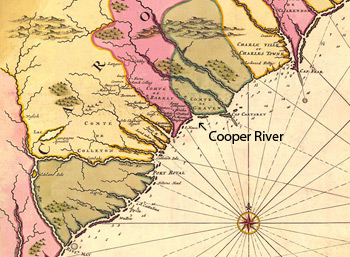 General Map of the Carolinas with location of the Cooper River indicated, Amsterdam, 1683. Map by Nicolas Sanson. Courtesy of the Birmingham Public Library Cartography Collection, SouthCarolina1683a.sid.