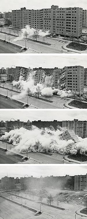 Pruitt-Igoe demolition, April 22, 1972. US Department of Housing and Urban Development. Courtesy of Wikimedia Commons.