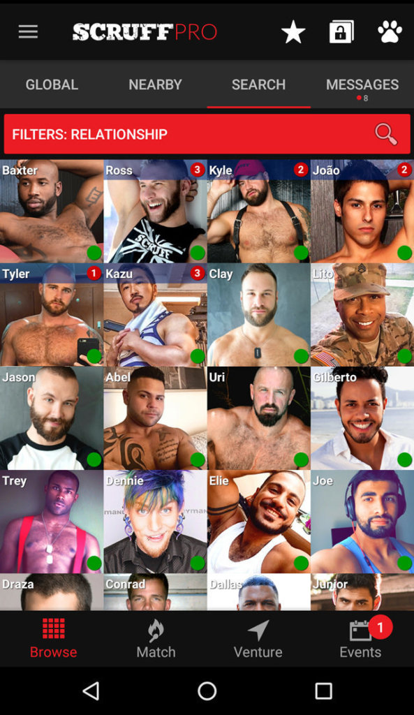 Screenshot of sample Scruff website interface showing a grid of profile photos.