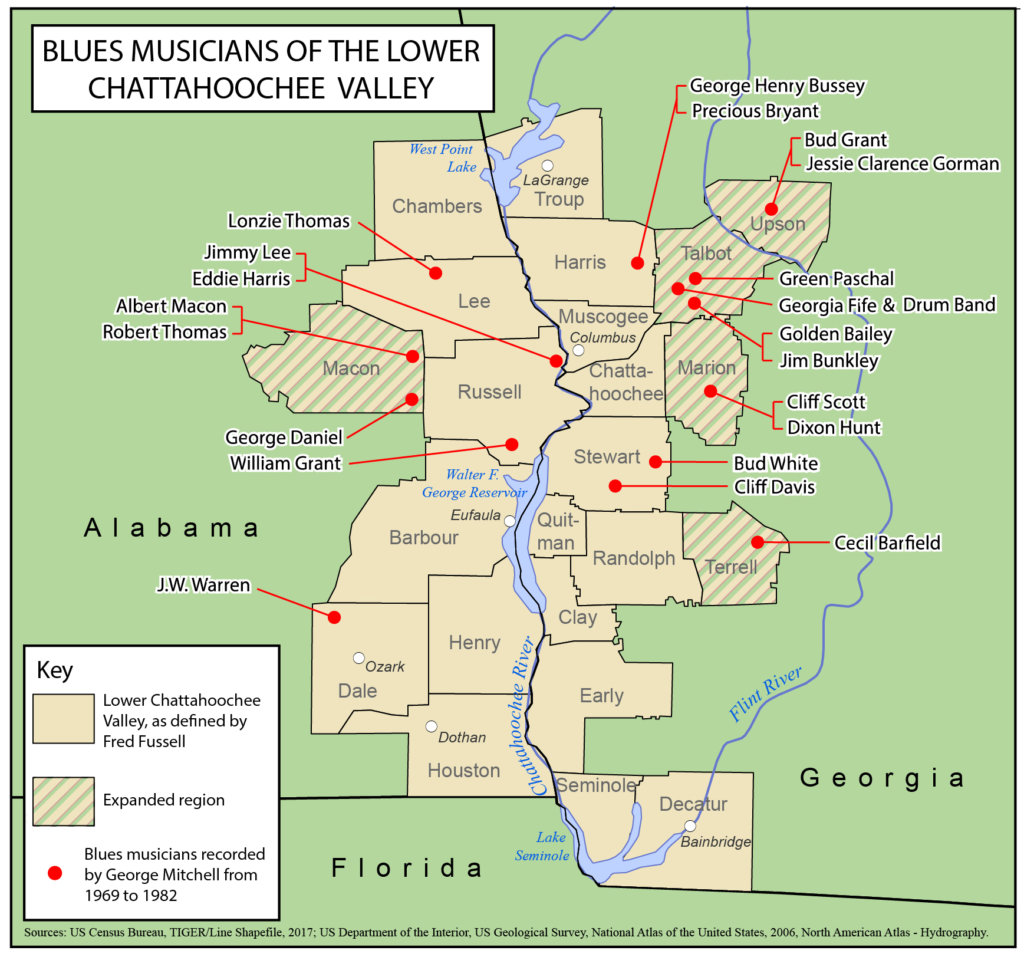 Map showing counties in the Lower Chattahoochee Valley. Red dots indicate locations of blues musicians recorded by George Mitchell from 1969 to 1982. Most artists are located in Talbot, Marion, and Steward Counties, with a few in the counties of Terrell, Macon, Lee, Upson, and Russell.