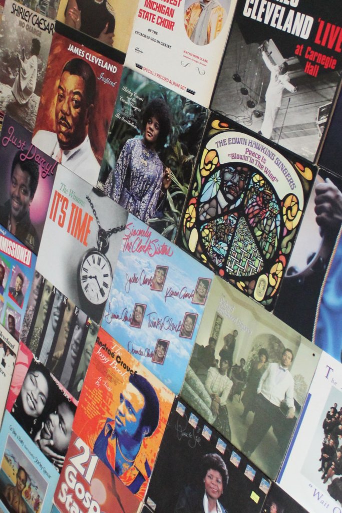 Photograph of colorful vinyl record covers of albums discussed in the book When Sunday Comes.