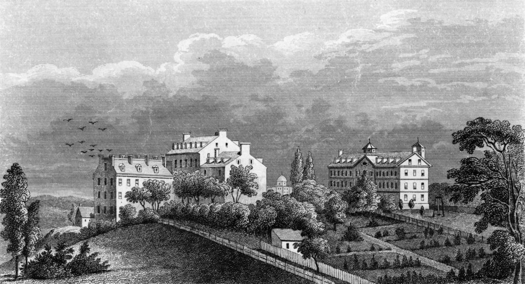 Black and white engraving of Georgetown College in 1800.