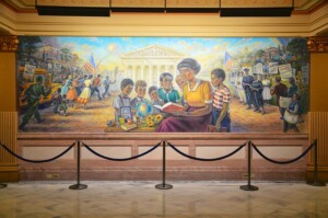 Mural by Michael Young celebrating the Brown v. Topeka Board of Education Supreme Court decision, in the Kansas State Capitol, Topeka, Kansa, May 23, 2019.
