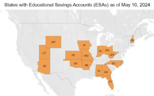 States with Educational Savings Accounts (ESAs), May 10, 2024. Dataset by Steve Suitts. Map by Kaelyn McAdams and Steve Suitts, 2024.