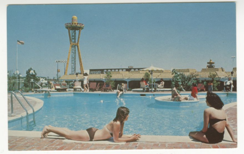 Women by the pool at South of the Border, Dillon, South Carolina, 1981. Postcard.