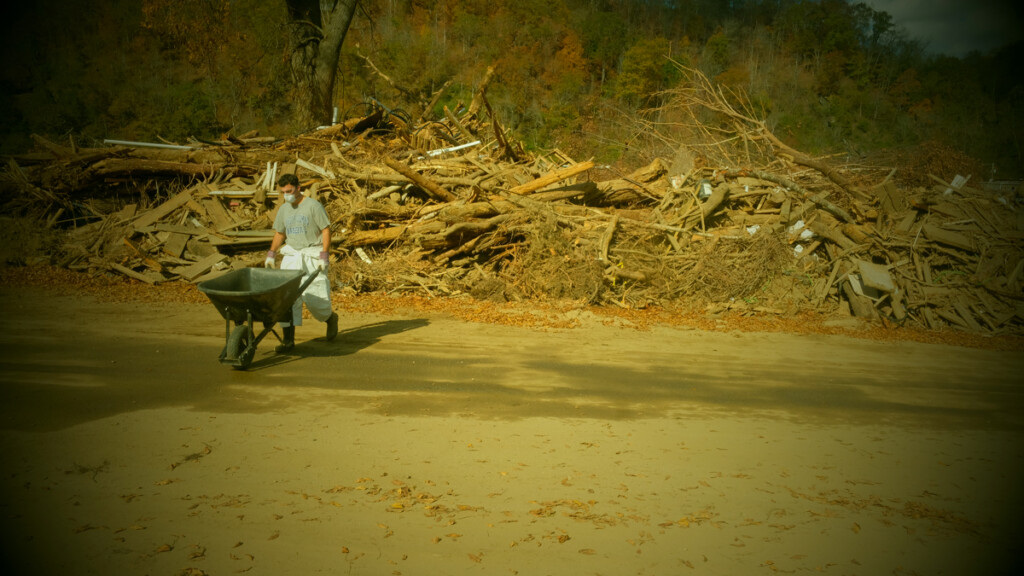 Debris removal from the Marshall High Studios on Blannahassett Island in downtown Marshall, North Carolina, after Hurricane Helene.