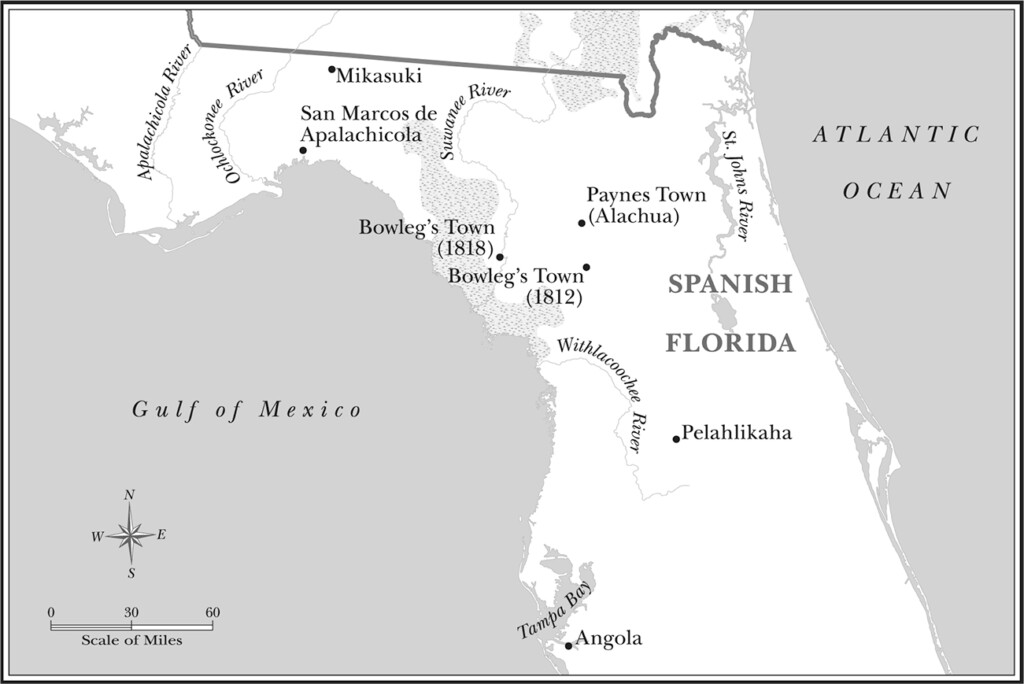 Map showing Seminole towns in 1818 in Florida.