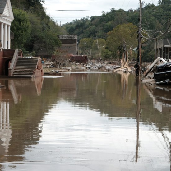 Flooded Main Street, Marshall,North Carolina, from Hurricane Helene, with Marshall Baptist Church.