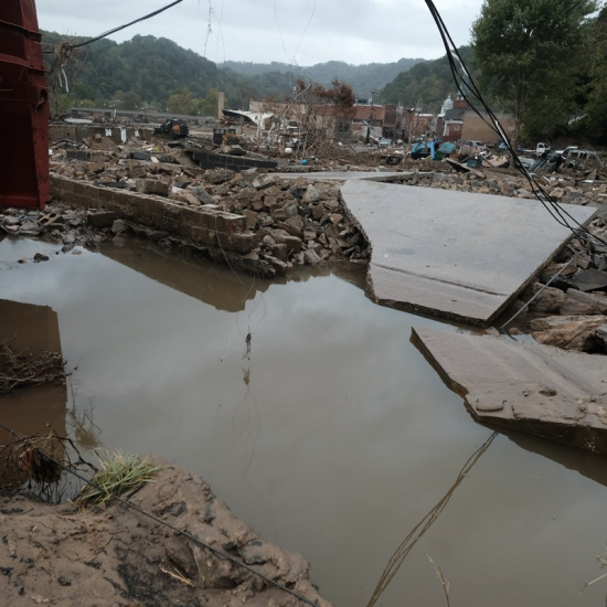 Rubble from destroyed buildings on Main Street, Marshall, North Carolina, from flooding from Hurricane Helene.
