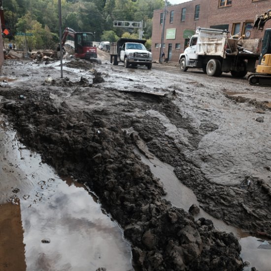 Mud on Bridge Street in Marshall, North Carolina, from flooded French Broad River during Hurricane Helene.